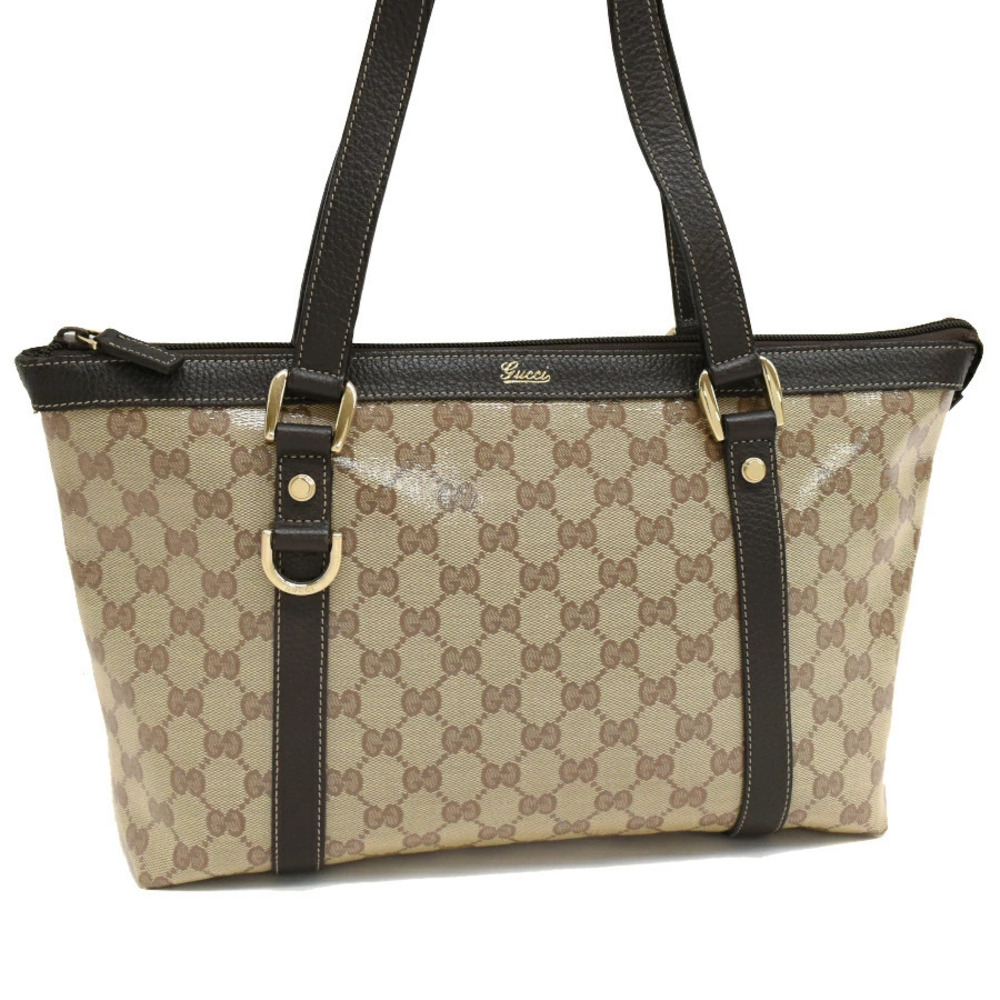 Gucci Shoulder Tote Bag Abbey GG Crystal Canvas Leather Beige Cream Dark Brown